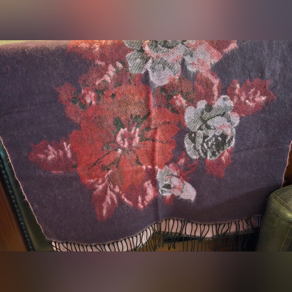 Wine & Mauve Floral Preston & York Acrylic + Fringe Shawl